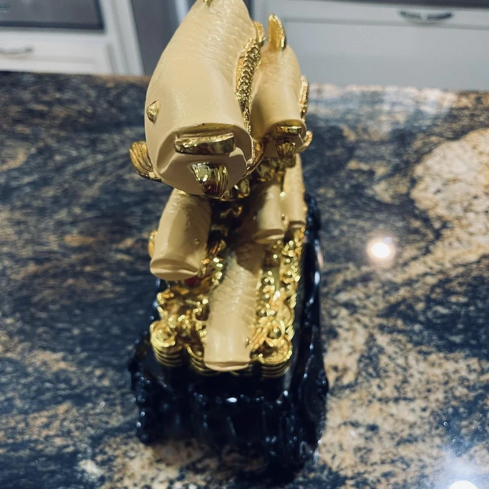 Gold Arowana Fish Feng Shui Resin Figurine Chinese Wealth‎ Coins Decor Small